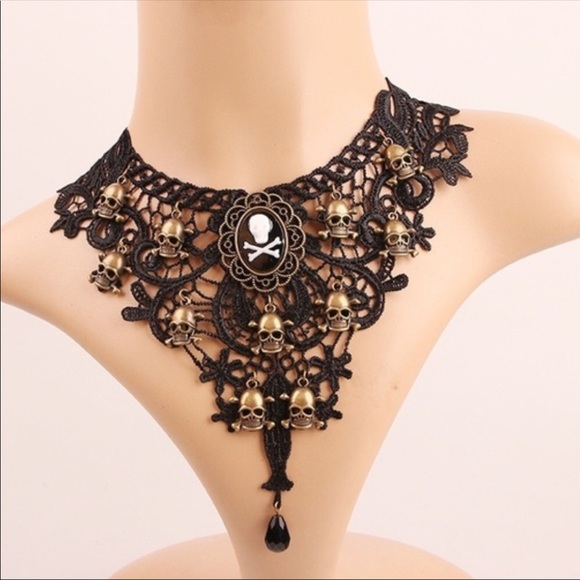 Black Lace Cameo Skull Steampunk Collar Necklace - Picture 2 of 5